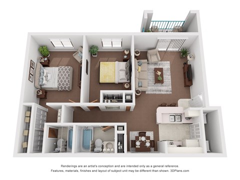Floor plan for 2 beds, 2 baths, 897 sqft